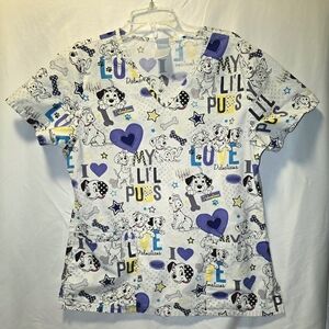 Disney White and Blue Dalmatian Print Scrub Top